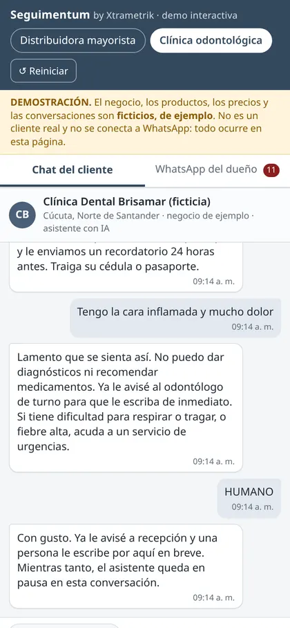 Captura de la demo: el asistente atiende a un paciente de una clínica dental ficticia y pasa el chat a recepción cuando el paciente escribe HUMANO