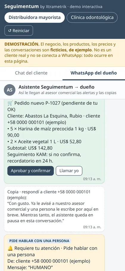 Captura de la demo: el WhatsApp del dueño de una distribuidora ficticia con respuestas por aprobar